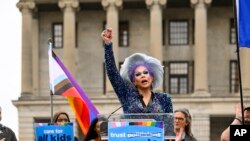 FILE - Drag artist Vidalia Anne Gentry speaks during a news conference held by the Human Rights Campaign to draw attention to anti-drag bills in the Tennessee legislature, on Feb. 14, 2023, in Nashville, Tenn.