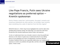 TASS article where Kremlin spokesman discusses Russia’s support for Pope’s call for negotiations; Photo credit: TASS