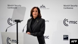 U.S. Vice President Kamala Harris addresses participants at the Munich Security Conference in Munich, Germany on Feb. 18, 2023.