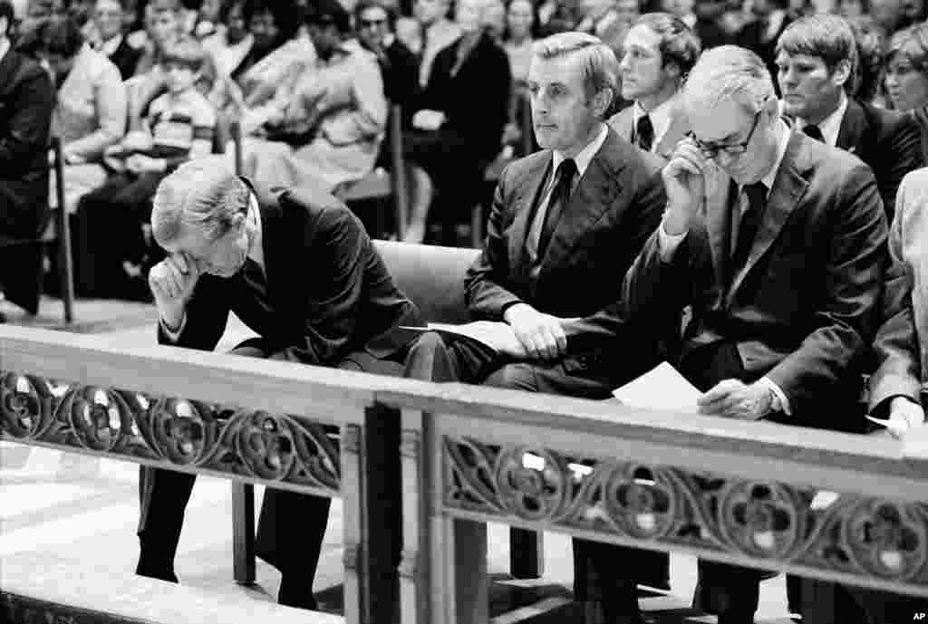 President Jimmy Carter bows his head during a Prayer Service at Washington Cathedral, Nov. 15, 1979, for the American hostages being held at the U.S. Embassy in Tehran, Iran.