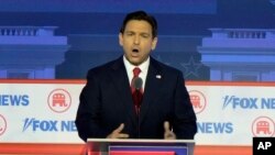Republican presidential candidate Florida Gov. Ron DeSantis speaks during a Republican presidential primary debate hosted by FOX News Channel, Aug. 23, 2023, in Milwaukee.
