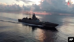 In this photo taken from video released by Russian Defense Ministry Press Service on June 11, 2024, the Russian navy's Admiral Gorshkov frigate is seen en route to Cuba. (Russian Defense Ministry Press Service photo via AP)