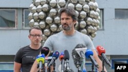Slovak Defense Minister Robert Kalinak addresses a press conference in front of the F D Roosevelt University Hospital in Banska Bystrica, Slovakia on May 19, 2024, where Slovak Prime Minister Robert Fico is being treated.