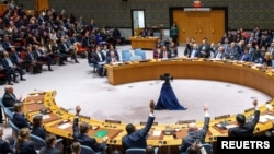 Members of the Security Council vote on a resolution regarding Palestinian U.N. membership during a Security Council at U.N. headquarters in New York City, New York, U.S., April 18, 2024. (Eduardo Munoz/REUTERS)