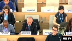 방광혁 제네바 주재 북한대표부 차석대사가 4일 스위스 제네바에서 열린 제55차 유엔인권이사회에서 발언하고 있다.