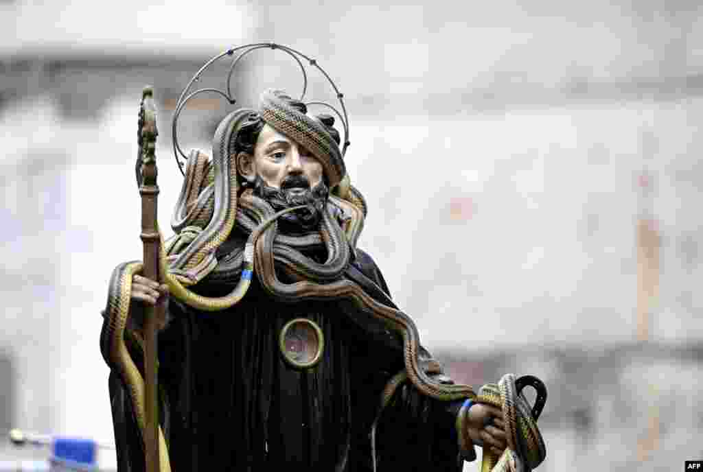 Ular hidup menutupi patung St. Dominic dalam festival tradisional &#39;Serpari&#39; di desa Cocullo, Italia tengah (penangkap ular), 1 Mei 2024. (Tiziana FABI / AFP)