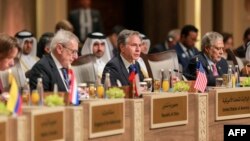 U.S. Secretary of State Antony Blinken, center, attends a plenary session during the "Call for Action: Urgent Humanitarian Response for Gaza" conference, at the Dead Sea in Jordan on June 11, 2024. 
