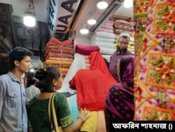 চাঁদনী চক মার্কেটে কাপড় মেলে দেখাচ্ছেন বিক্রেতা।