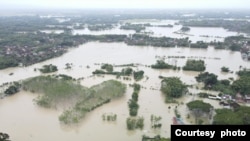 Foto dari udara yang menunjukkan area terdampak banjir di Kabupaten Grobogan, Jawa Tengah, pada 15 Maret 2024. (Foto: Courtesy of BPBD Kabupaten Grobogan)