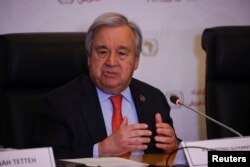 United Nations Secretary General Antonio Guterres talks to the media after the opening of the African Union Summit in Addis Ababa, Ethiopia, Feb. 18, 2023.