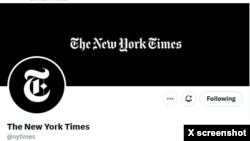 The Twitter masthead of the main New York Times account is seen without the "verified" check mark, typically rendered in blue or gold, in a screenshot taken April 2, 2023.