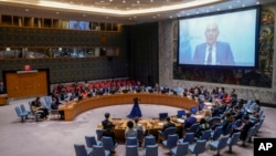 Volker Türk, U.N. high commissioner for human rights, speaks via video call after U.S. Ambassador Linda Thomas-Greenfield gavels in a Security Council meeting to discuss human rights in North Korea, Aug. 17, 2023, at U.N. headquarters in New York.