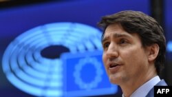 쥐스탱 트뤼도 캐나다 총리가 유럽의회에서 연설하고 있다. (자료사진)