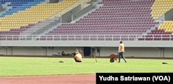 Para pekerja memperbaiki rumput lapangan di stadion Manahan Solo, Selasa (14/2). (Foto: VOA/ Yudha Satriawan)