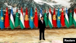 Xitoy Prezidenti Si Zinpin Markaziy Osiyo davlatlari bayroqlari qarshisida.