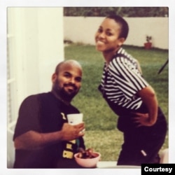Isaida Ortiz Rosa and Angel Valentin Concepcion are seen in the yard of the first house they shared together in southern Florida in the 1990s. (Courtesy)