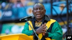 South African President Cyril Ramaphosa addresses African National Congress supporters at FNB stadium in Johannesburg, South Africa, May 25, 2024, the general election is May 29. 
