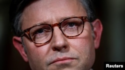 FILE - Speaker of the House Mike Johnson (R-LA) speaks to the media in the Statuary Hall at the U.S. Capitol in Washington, April 17, 2024.
