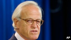 FILE - Martin S. Indyk speaks at the US State Department, July 29, 2013, in Washington.