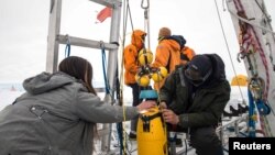 Scientists work in the field at the Thwaites Glacier in Antarctica in this undated handout picture obtained by Reuters on February 14, 2023. (Becka Bower/Cornell University/Handout via REUTERS)