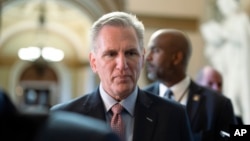 Speaker of the House Kevin McCarthy, R-Calif., walks from the chamber to his office just after House Republicans again failed to advance their own defense bill, at the Capitol in Washington, Sept. 21, 2023.
