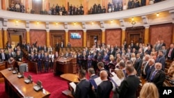 Serbia's new Prime Minister Milos Vucevic and ministers of the new government of Serbia read their oaths at the Serbian Parliament building in Belgrade, Serbia, May 2, 2024. 