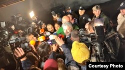 Georgian journalist Nika Gvaramia walks free from prison in Rustavi, Georgia, after a presidential pardon was issued on June 22, 2023. (Sofia Liluashvili)