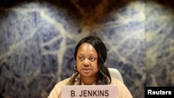 보니 젠킨스 미국 국무부 군축·국제안보 차관이 27일 스위스 제네바에서 열린 유엔 군축회의 고위급회기 첫날 회의에서 발언하고 있다.