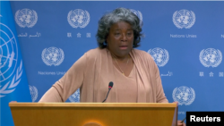 린다 토머스-그린필드 유엔주재 미국대사가 1일 뉴욕 유엔본부에서 안보리 8월 의장국 자격으로 기자회견을 했다.