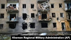 In this photo provided by the Kherson Regional Military Administration, a destroyed apartment building sits at the site of a Russian army attack in Kherson, Ukraine, May 15, 2024. (Kherson Regional Military Administration via AP)