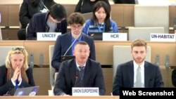 유럽연합(EU) 대표가 18일 스위스 제네바에서 열린 유엔 인권이사회에서 발언하고 있다.