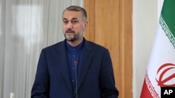 Iranian Foreign Minister Hossein Amirabdollahian speaks in a joint press briefing with his Qatari counterpart Sheikh Mohammed bin Abdulrahman Al Thani (not in picture), in Tehran, Iran, Jan. 29, 2023. 