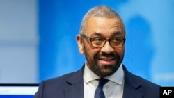 FILE - British Foreign Secretary James Cleverly in London, April 25, 2023. Cleverly said Russian crimes in Ukraine cannot be ignored.