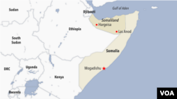 Map showing Somalia, Somaliland, and Ethiopia.