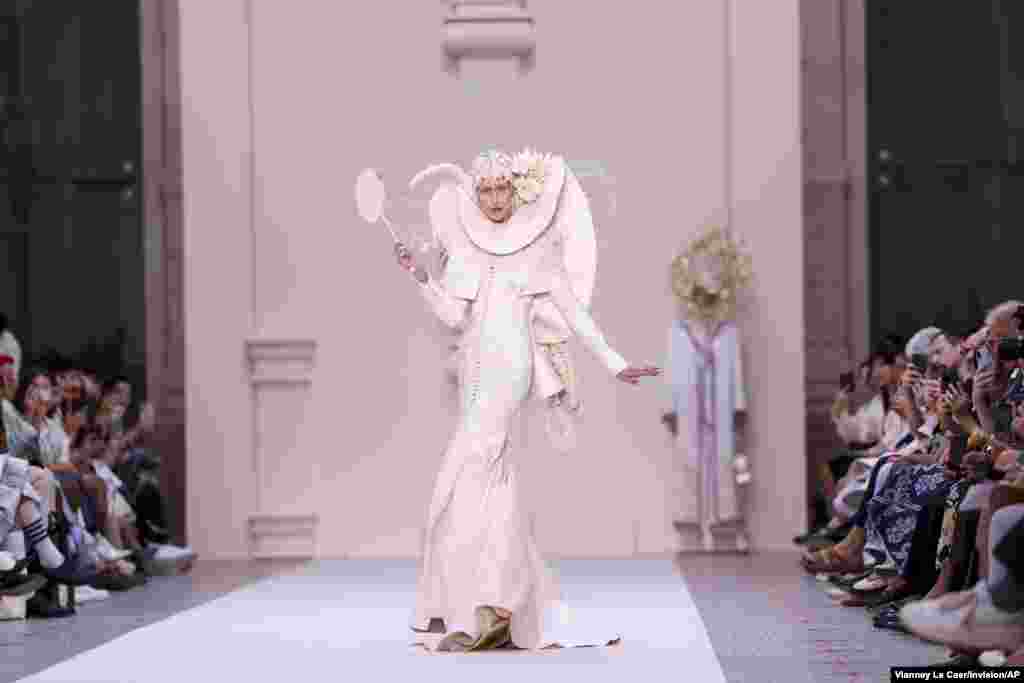Anna Cleveland wears a creation for the Thom Browne Haute Couture Fall-Winter 2024-2025 collection presented in Paris, France.