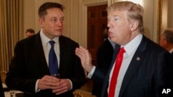 FILE - President Donald Trump, right, talks with Tesla and SpaceX CEO Elon Musk at the White House in Washington, Feb. 3, 2017. Musk now owns the social media network X and was to interview the former president on the platform on Aug. 12, 2024.