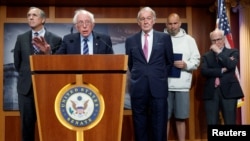 U.S. Senator Bernie Sanders, 82, joined by Senators Jeff Merkley, 67, Edward Markey, 77, John Fetterman, 54, and Peter Welch, 76, at a press conference on Capitol Hill, May 18, 2023. The average age in the U.S. Senate is 63.9 years old.