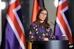FILE - Iceland's Prime Minister Katrin Jakobsdottir speaks to the media in Berlin, Germany, Wednesday, Jan. 25, 2023. (AP Photo/Markus Schreiber, file)