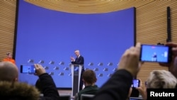 NATO Secretary-General Jens Stoltenberg attends a news conference during a NATO defence ministers' meeting at the Alliance's headquarters in Brussels, Feb. 15, 2023.