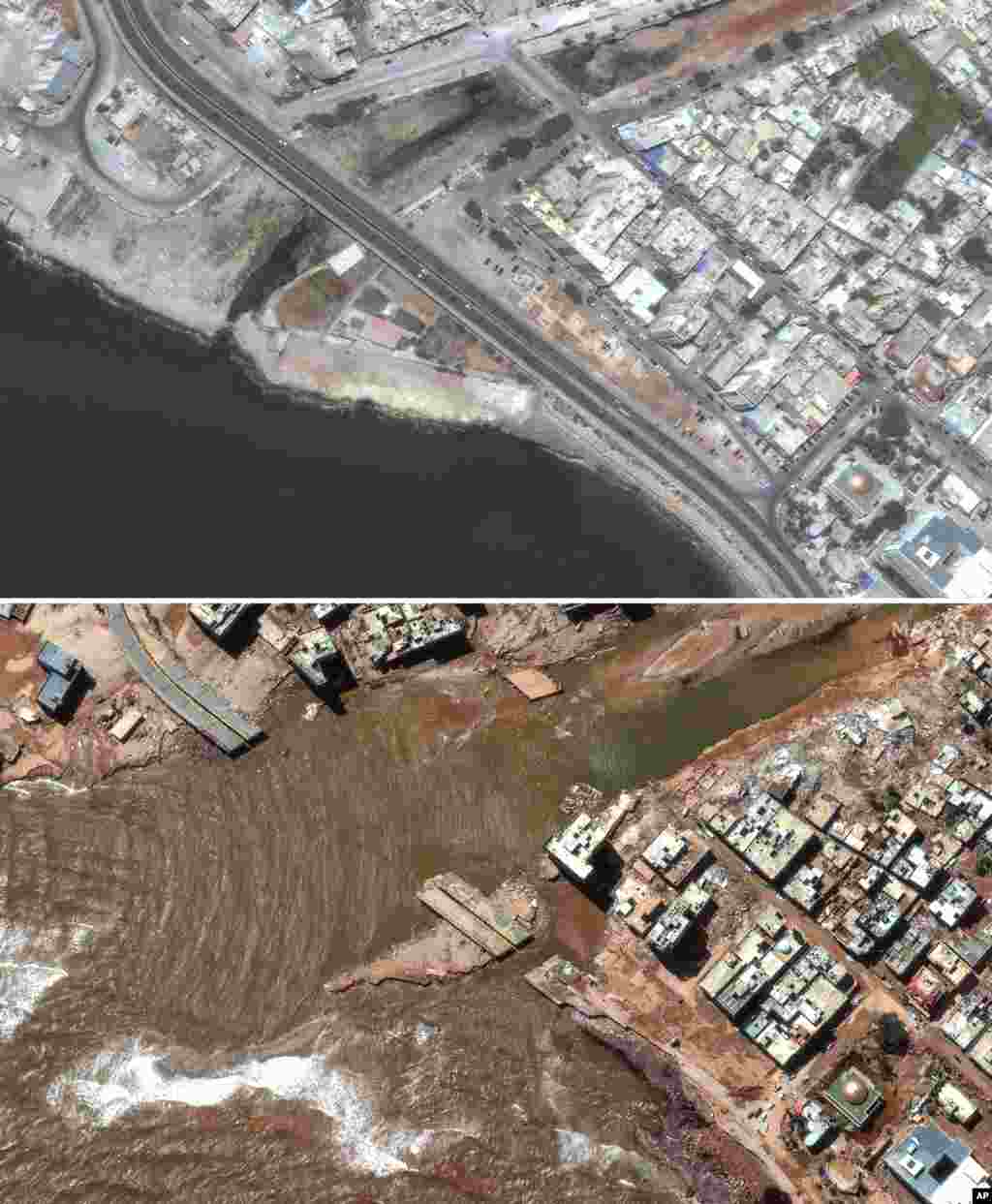 This combination of satellite images from Maxar Technologies shows a coastal roadway in Derna, Libya, July 1, 2023, top, and the same flood damaged area, Sept. 13, 2023.