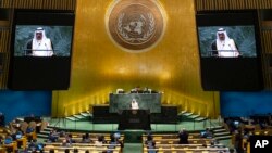 Sheikh Nawaf Al Ahmad Al Sabah speaks during the United Nations General Assembly. He died on Saturday.