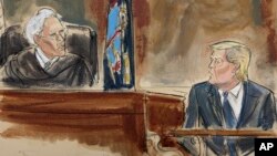In this courtroom sketch, Judge Arthur Engoron questions former President Donald Trump on the witness stand at the New York Supreme Court, Oct. 25, 2023, in New York. 