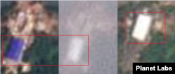 북한이 최근 빠른 속도로 건립한 새 발사장의 이동식 건물이 이동한 장면. 이전까지 파란색이던 건물 지붕은 하얀색이 됐다. 왼쪽부터 23일, 24일, 29일 자 위성사진. (위성 촬영=플래닛 랩스)