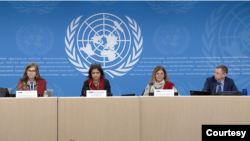 Members of the Independent International Fact-Finding Mission on Iran take questions from reporters in this screenshot of a press briefing in Geneva, Switzerland, on March 18, 2024. (Courtesy UNTV) 