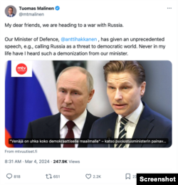 Post falsely characterizing Finnish Defense Minister Annti Hakanen’s speech that outlined Russia’s history of aggression against Ukraine and other nations like Georgia as equivalent to “heading to war with Russia”; Photo credit: X