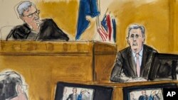 In this courtroom sketch, Michael Cohen, right, testifies on the witness stand with Judge Juan Merchan presiding in Manhattan criminal court, May 20, 2024, in New York.
