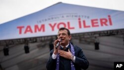 Istanbul Mayor Ekrem Imamoglu of the opposition Republican People's Party (CHP) addresses supporters during a campaign rally, in Istanbul, Turkey, March 21, 2024.