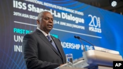 US Secretary of Defense Lloyd Austin speaks at the 20th International Institute for Strategic Studies Shangri-La Dialogue, Asia's annual defense and security forum, in Singapore, June 3, 2023.