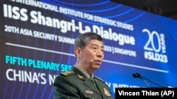 Chinese Defense Minister General Li Shangfu speaks during the 20th International Institute for Strategic Studies Shangri-La Dialogue, Asia's annual defense and security forum, in Singapore, June 4, 2023. (Vincent Thian via AP)