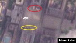 김일성 광장을 촬영한 9일자 ‘플래닛 랩스(Planet Labs)’의 위성사진. 광장 연단 바로 앞에 전에 없던 흰색 물체가 포착됐다. 사진 = Planet Labs